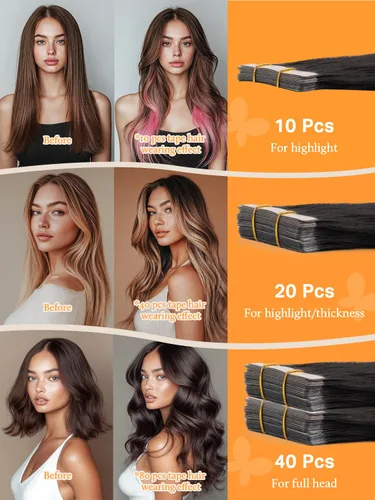Miniatura 6 de DOORES Extensiones de cabello humano con cinta, color negro azabache, 26 pulgadas, 20 unidades, 20 unidades, 20 unidades, extensiones de cabello