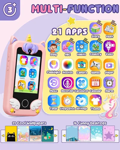 Miniatura 2 de UCIDCI Unicorn - Juguetes de teléfono inteligente para niñas de 3 a 7 años con doble cámara, teléfono para niños pequeños con juegos de aprendizaje