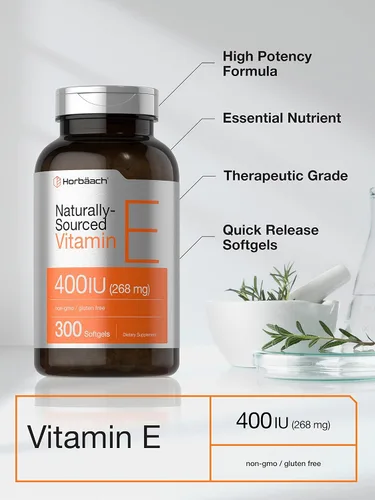 Miniatura 3 de Horbäach Suplemento de vitamina E 400 UI (268 mg) 300 cápsulas de cápsulas blandas D-alfa tocoferol Fórmula sin OMG y sin gluten