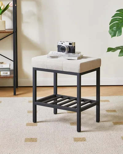 Miniatura 9 de IBUYKE Taburete de maquillaje rectangular con pies ajustables y espacio de almacenamiento, silla reposapiés, taburete de tocador de asiento de lino