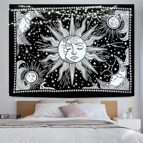 ICC - Tapiz de sol y luna, tapiz de sol blanco y negro, sábana para colgar en la pared, decoración de habitación, tapices estéticos de arte místico,