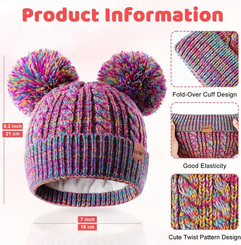 Miniatura 2 de Winter Hat for Kids Toddler Children, Girls Beanie with Double Pom Pom Warm Fleece Lined, Girls Accessories Knit Beanies Cap