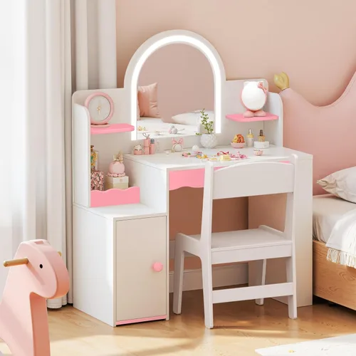 Juego de tocador para niños con luces y sillas, mesa de tocador de princesa para niñas, tocador de maquillaje para niños pequeños con espejo LED y