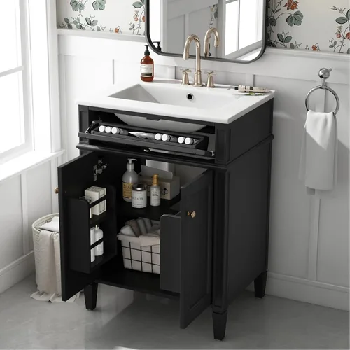 Miniatura 16 de Virubi Tocador de baño de 30 pulgadas con fregadero de cerámica, armario de almacenamiento independiente moderno con 1 puerta, 2 cajones y cajón Azul