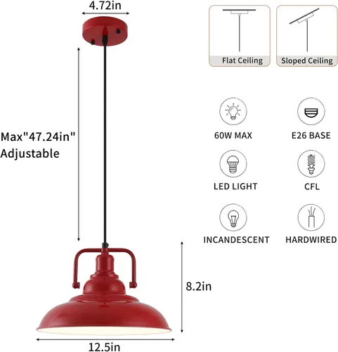 Miniatura 2 de Paquete de 3 luces colgantes rojas de granja, luces colgantes de metal para isla de cocina, lámpara colgante industrial, luz colgante de isla Rojo