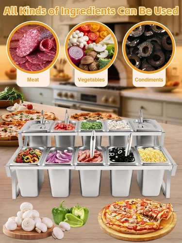Miniatura 6 de Kalolary Estación de Almacenamiento para 10 Bandejas de Pizza con 2 Filas de Recipientes Ajustables de Condimentos de Acero Inoxidable con Tapas