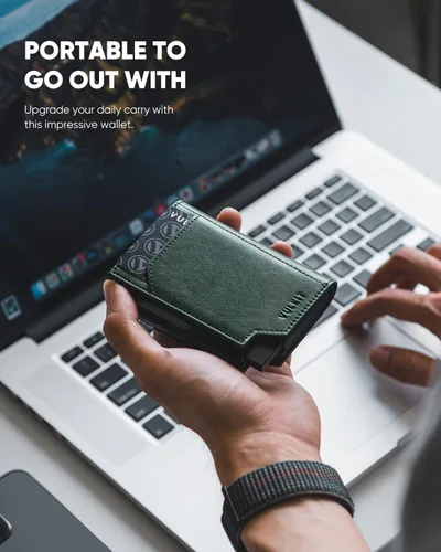 Miniatura 2 de VULKIT Billetera desplegable de metal para hombre, bloqueo RFID inteligente, tarjetero de crédito, cierre magnético, billetera triple de cuero
