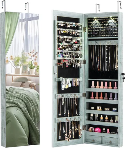 Miniatura 27 de Giantex Armario de joyería para puerta de pared con espejo de longitud completa, 2 LED con cerradura grande organizador de joyas con espejo ancho