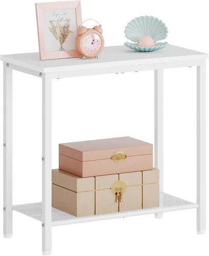 Miniatura 11 de Hoctieon Mesa auxiliar de 2 niveles, mesa auxiliar para sofá, mesa auxiliar estrecha con almacenamiento, mesita de noche delgada para espacios