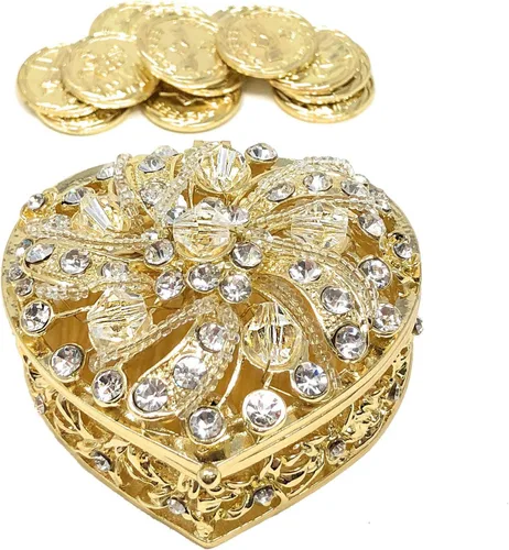 Arras de Boda - Monedas de Boda - Caja en forma de corazón con cristales decorativos de diamantes de imitación 78 (dorado)