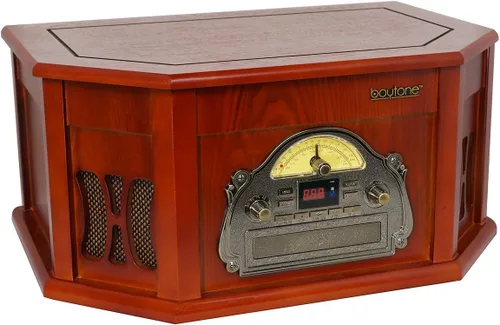 Miniatura 5 de Boytone BT-25CH 8-en-1 Sistema de tocadiscos clásico de madera natural estéreo con conexión Bluetooth, reproductor de discos de vinilo, AM/FM, CD