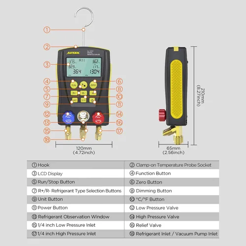 Miniatura 8 de Medidor de colector digital de refrigeración, kit de probador de temperatura de presión de vacío HVAC con clip de prueba y tubería para probar