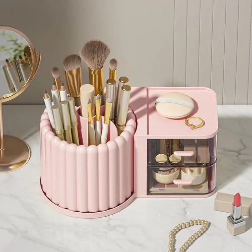 Miniatura 6 de Organizador de Maquillaje para Encimera, Soporte Giratorio 360° para Brochas de Maquillaje con 2 Cajones, Pequeño Organizador Preppy 9.25x5.11