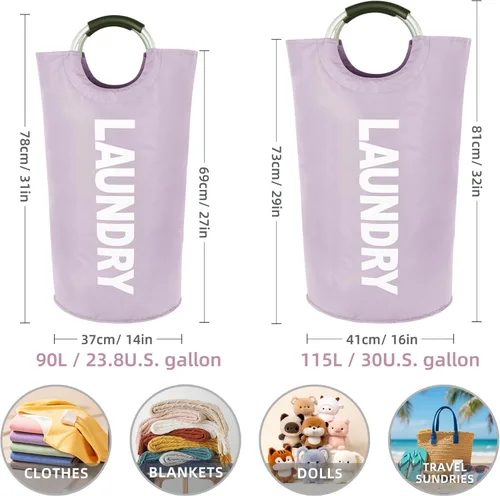Miniatura 3 de 90L Collapsible Laundry Bag with Handle,Large Dirty Clothes Hamper Foldable Laundry Hamper,Purple Collapsible Laundry Basket Dorm Waterproof Hamper