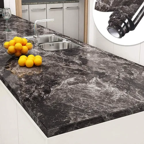 Miniatura 11 de Papel adhesivo de vinilo modelo Piedra arenisca granito, con aspecto de mármol, color negro, brillante, para decoración de pared, calcomanía, papel