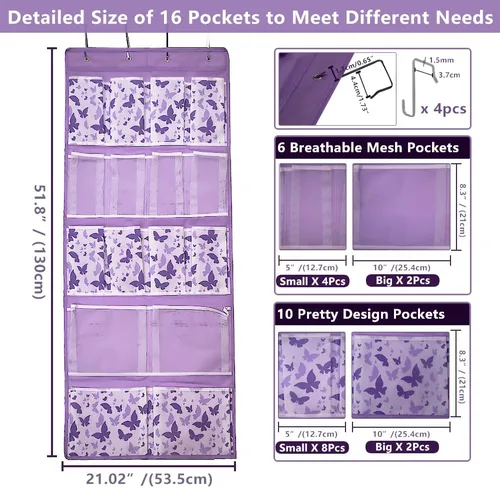 Miniatura 3 de Organizador de almacenamiento colgante de 16 bolsillos para colgar sobre la puerta con 4 tipos de bolsas para zapatos, calcetines, sombreros, ropa