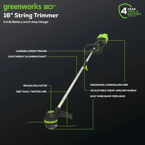Miniatura 2 de Greenworks Recortadora inalámbrica sin escobillas de 80 V y 16 pulgadas con batería de 2.0 Ah y cargador rápido - Línea doble de 0.080 pulgadas