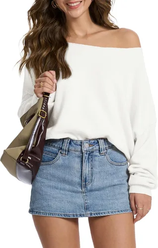 Miniatura 10 de FAlABLE - Suéter para mujer con hombros descubiertos y cuello barco, pullover holgado de manga larga, acogedor de punto, para otoño e invierno, tops