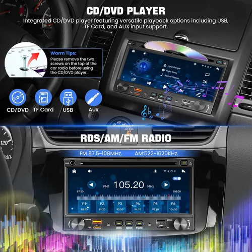 Miniatura 4 de Estéreo de coche doble DIN con reproductor de CD y DVD, compatible con Carplay inalámbrico y Android Auto, radio de coche de 7 pulgadas con salida