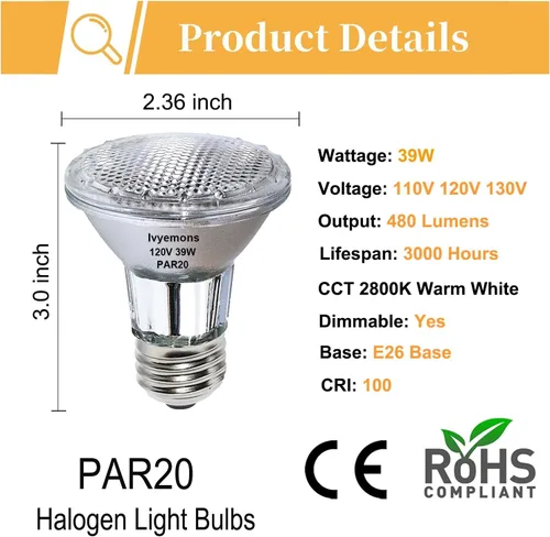 PAR20 Flood 39W 120V 480 lúmenes - 2 paquetes de bombillas PAR20 Flood con base E26, PAR 20 regulable 2800K blanco cálido, bombilla PAR 20 de larga