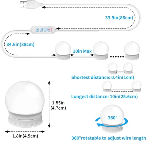 Miniatura 5 de Luces LED para espejo de tocador con 12 focos adhesivos regulables, 3000K 4500K 6500K y 10 niveles de brillo ajustables, enchufe con cable USB