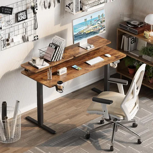 Miniatura 2 de Furmax Escritorio eléctrico de pie con monitor y estación de trabajo para laptop, escritorio de pie ajustable de 55 x 24 pulgadas, estación