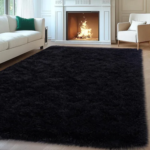 Mugorn - Alfombra de 8 x 10 pies, alfombras grandes, esponjosas, suaves, peludas, antideslizantes, mullidas para interiores, color negro, 8 x 10 pies