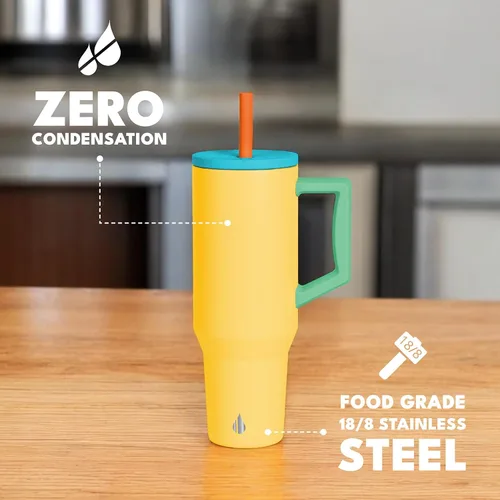Miniatura 5 de Elemental Vaso de 40 onzas con asa y popote - A prueba de derrames, aislado de acero inoxidable para uso diario - Taza de café de viaje con 2