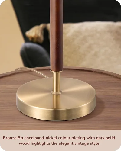 Miniatura 4 de EDISHINE Juego de 2 lámparas de mesa de mediados de siglo, lámpara de noche con interruptor de cadena, pantalla de lino, poste de madera maciza