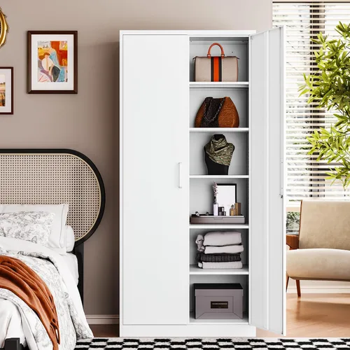 Miniatura 3 de Letaya Armario de almacenamiento de metal blanco con cerradura-71 armarios de despensa de metal altos, 5 estantes ajustables y puerta para el hogar