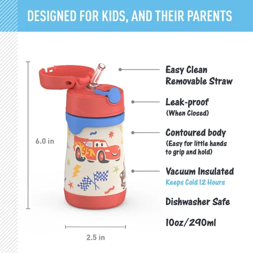 Miniatura 2 de Thermos Bebé 10 oz. Botella de acero inoxidable con popote emergente, coches