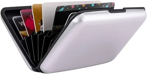 Miniatura 222 de ELFISH Mini cartera de aluminio RFID para tarjetas de crédito, funda de identificación de metal para hombres y mujeres, Happy Flower, Cartera Rfid