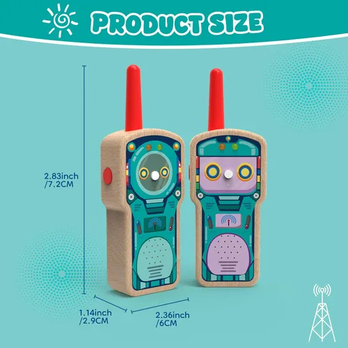 Miniatura 2 de Walkie Talkie Robot de madera para niños de 3 a 8 años, paquete de 2 radios de 2 vías con certificación FSC con rango de 1000 pies, fácil de empujar