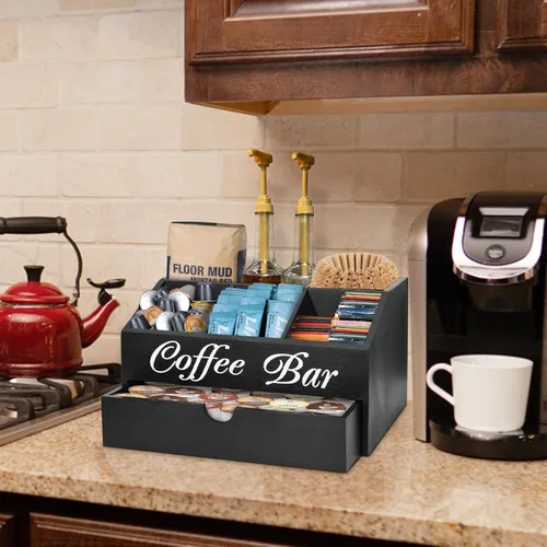 Miniatura 5 de Organizador de barra de café, accesorios de barra de madera con cajón, organizador de estación de café, cesta de almacenamiento, estación