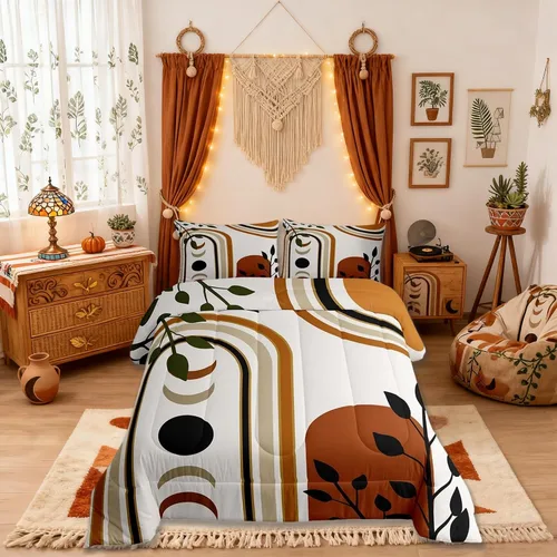 Juego de edredón bohemio para niños, tamaño individual, juego de ropa de cama geométrica de hojas de sol, luna y plantas, decoración de habitación