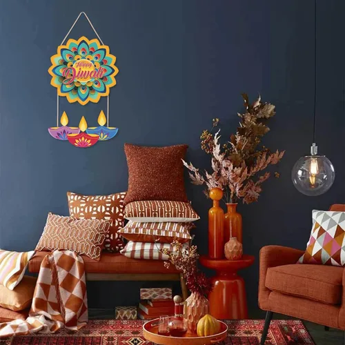 Miniatura 6 de LHIUEM Diwali - Letreros de madera de Happy Diwali para decoración de pared, juego de 2 (10 x 20 pulgadas), decoración de loto, pancarta india Happy