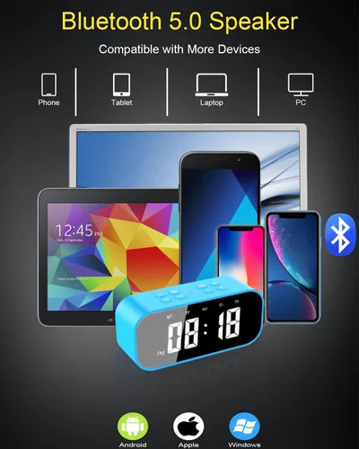 Miniatura 4 de AFK Reloj despertador digital con altavoz Bluetooth, reloj de escritorio para dormitorios, reloj de mesa pequeño con alarma dual, repetición, Azul