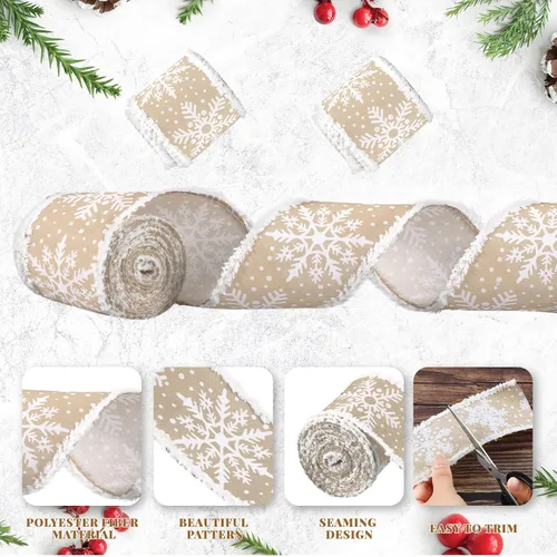Miniatura 3 de 2 rollos de cinta de copo de nieve con borde con alambre para árbol de Navidad, cinta decorativa de temporada para Navidad, decoración de invierno