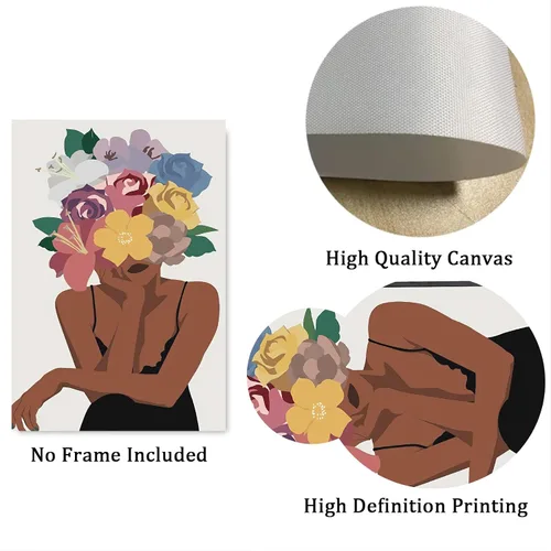Miniatura 7 de Juego de 3 pinturas de pared afroamericanas con diseño de flores negras para mujer, diseño de cabeza negra, pintura en lienzo, cuadros sin marco