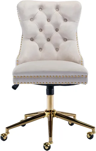 Silla de oficina de terciopelo con ruedas y base dorada, silla de escritorio sin brazos con respaldo copetudo, silla giratoria de altura ajustable,