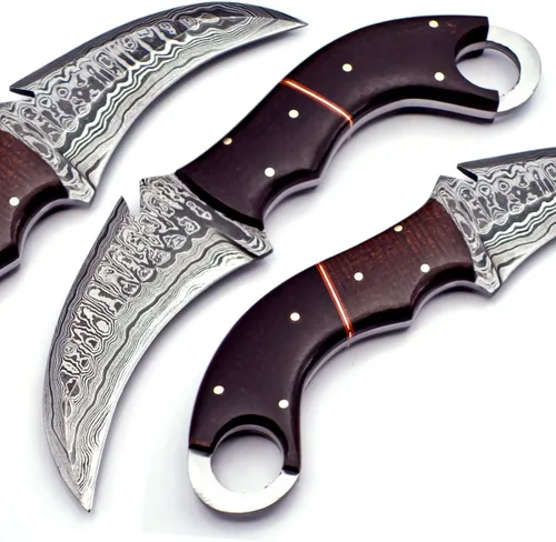 Cuchillo karambit de acero de Damasco hecho a mano con funda Hoja fija Cuchillo táctico para caza, supervivencia, camping, bushcraft (TR-961)