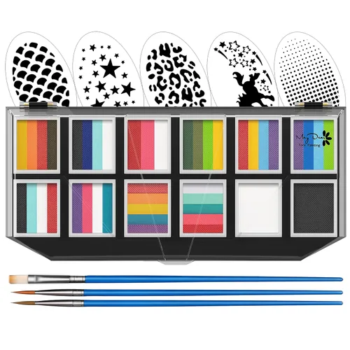 Maydear Kit de pintura facial para niños y adultos, 12 x 10 gm, paleta de maquillaje profesional para tartas divididas, segura y no tóxica, a base