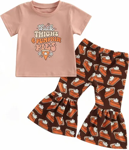 Miniatura 46 de Conjunto de sudadera con cuello redondo y estampado de pastel de calabaza para niña, camiseta y pantalones acampanados