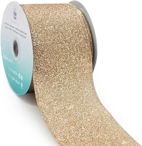 Miniatura 10 de Cinta de alambre con purpurina de 1,5" x 10 yardas dorada (oro champán) para decoración navideña del hogar, arcos, envoltorios de regalos