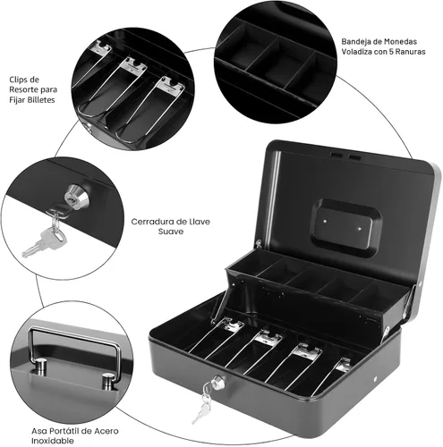 Miniatura 3 de Caja de efectivo con llave de bloqueo y bandeja de dinero, caja de dinero grande para caja registradora, caja de metal para dinero segura de 11.8 x
