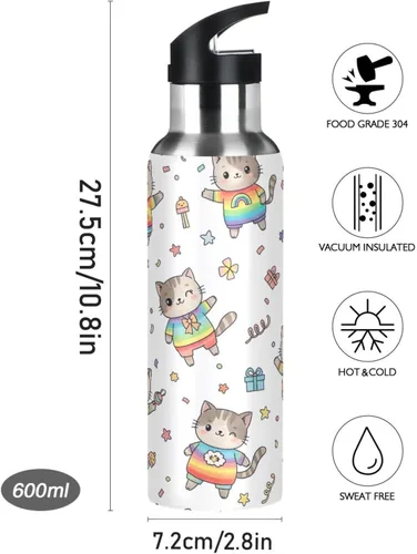 Miniatura 9 de Cute Cartoon Cats Rainbow Insulated Stainless Steel Water Bottle with Straw 20 Oz, BPA-Free Sports Water Bottle with Straw Leakproof Water Bottles