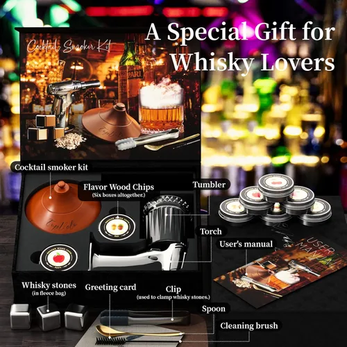Miniatura 2 de Kit de ahumador de cóctel con antorcha y vaso de whisky, chips de madera de 6 sabores y 3 piedras de whisky para whisky y bourbon, regalo para Marrón