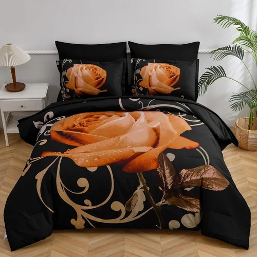 Xruibed Juego de edredón floral tamaño King de 7 piezas en una bolsa, edredón de flores de rosa naranja con juego de sábanas de microfibra suave (1