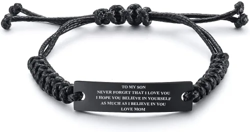 MEALGUET - Pulsera de acero inoxidable hecha a mano con cordón ajustable de color negro, con cita inspiradora To my son para niños, regalo de