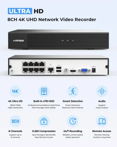 Miniatura 6 de H.VIEW 4K/8.0 megapíxeles PoE sistema de cámara de seguridad para el hogar al aire libre con cable sistema de cámaras IP de videovigilancia